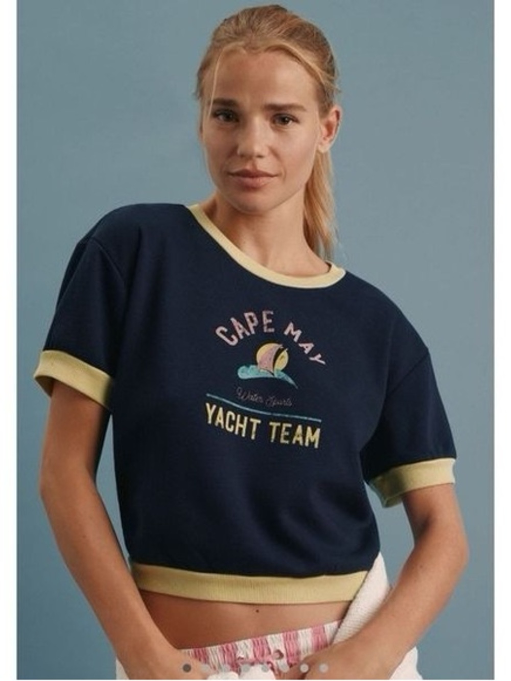 Daily Practice Anthropologie Cape May Yacht Team Cropped Tee in Navy Size Medium